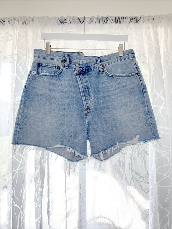 Agolde Pants - AGOLDE CRISS CROSS FRAYED HEM BLUE JEAN SHORTS